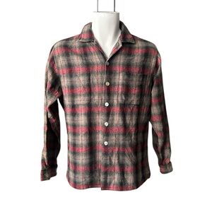 VINTAGE 60s Puritan Washable Wool Plaid Flannel Shirt M Red Gray Rockabilly